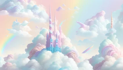 Muurstickers Rainbow unicorn castle in the cloud sky of fantasy background by generative AI © Lillia