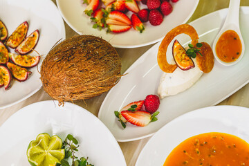 set of fruit and icecream on a table