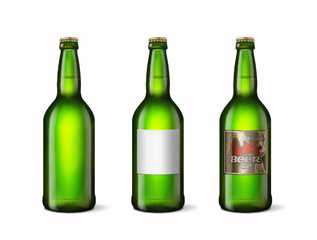 Green beer glass bottles realistic vector 3d set. lemodane bottle