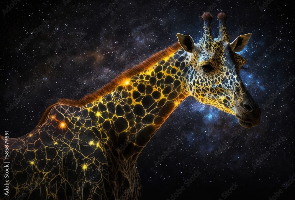 Poster galactic majesty – an illuminated giraffe capturing cosmic wonders generative ai