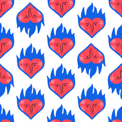 Fototapeta na wymiar Quirky burning heart seamless pattern, textured vector illustration on white background. Funky heart with face and blue flame. Vlaentine's day design. Great for wrapping paper.