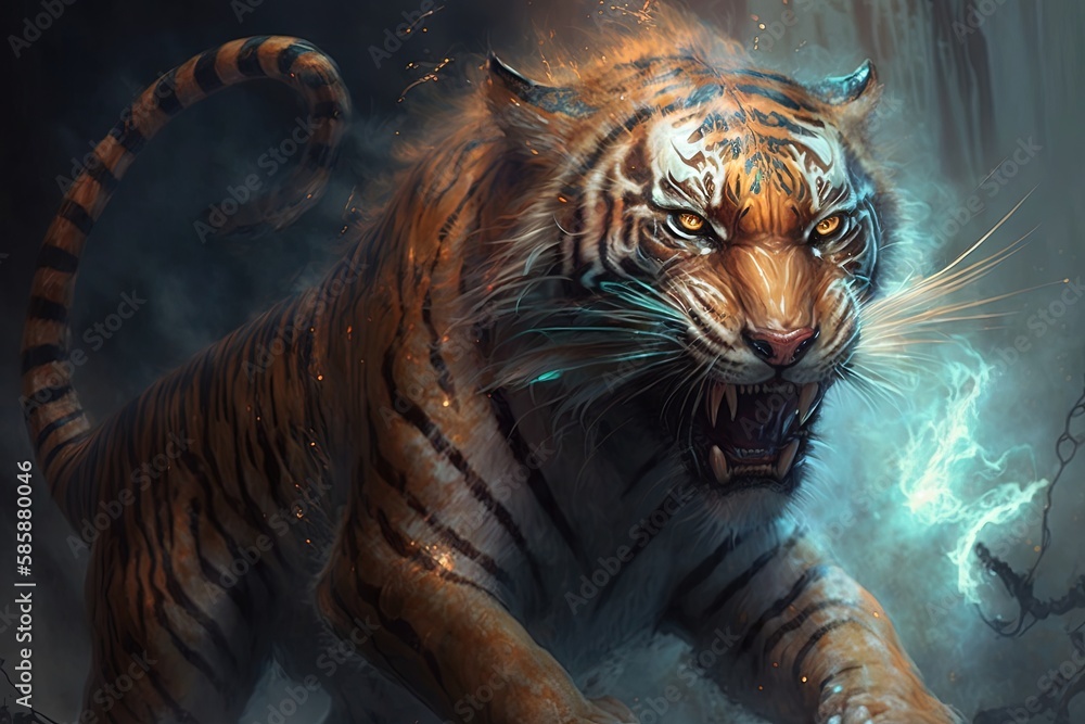 Poster joyful fury and glorious charm from the past - revered in a luminous tiger illustration generative a