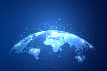 Global network connection. Big data analytics and business concept, world map point and line composition concept of global business, digital connection technology, e-commerce, social network. - obrazy, fototapety, plakaty