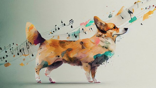 The painting of the dog with the music notes on the back on a white canvass AI generated