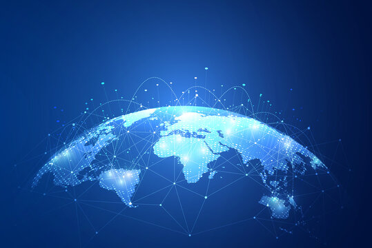 Global network connection. Big data analytics and business concept, world map point and line composition concept of global business, digital connection technology, e-commerce, social network.