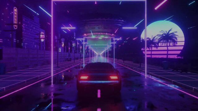 3D Retro Synthwave Night City Car Loop Motion Background with glitch effect. VJ neon background. Futuristic seamless car animation.