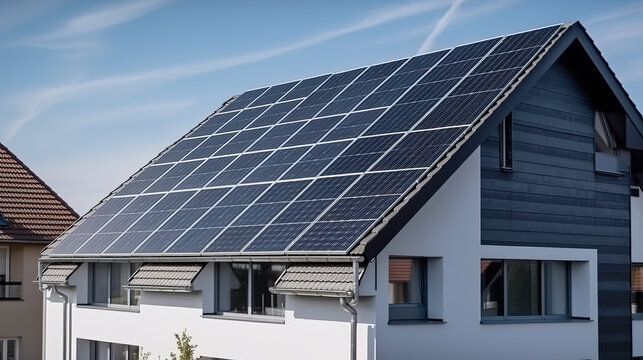 Solar Panels on House Roof - Blue Sky and Renewable Energy - Generative AI