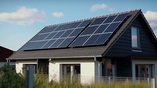 Solar Panels on House Roof - Blue Sky and Renewable Energy - Generative AI