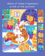 Find fragments. Educational puzzle game for children. Cute kittens making cake. Cartoon cat characters in kitchen on Christmas. Vector illustustratuon.