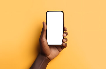 Fototapeta na wymiar Male or Female hands holding smartphone with blank white screen isolated on yellow background. Black man using device. Copy space. Mockup or Template for Presentation. Generative Ai.