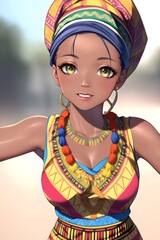 3D Beautiful african woman in a dashiki dress and head wrap in anime style digital painting illustration