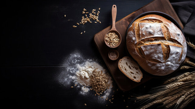 fresh bread with wheat and bowl of flour on wooden. Generative Ai