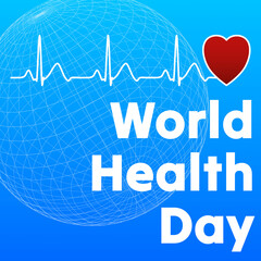 World Health Day April 7th, celebrating global healthcare awareness concept with heartbeat pulse graph, red heart and earth globe illustration
