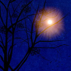 Ilustracja grafika drzewo jemioła na ciemnym tle nocna sceneria świecący księżyc na ciemnym niebie.
