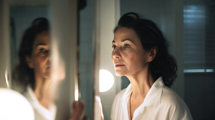 Middle aged caucasian woman with short dark hair looking at herself in the bathroom mirror, harsh cinematic light, reflections. Evening skincare routine - 585882471