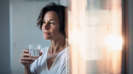 Mature age relaxed and content caucasian woman with short dark pixie hair drinking glass of water early in the morning in bathroom full of rising sun warm light rays. Healthy habit, morning routine - 585882492