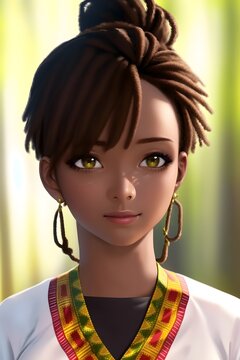 3D Beautiful african woman in a dashiki dress in anime style digital painting illustration