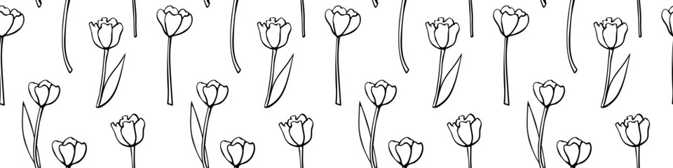 Vector seamless pattern with outline tulip flowers. Hand drawn doodle cute texture, backdrop for wrapping paper, coloring. Topic of spring, blooming nature, holidays design
