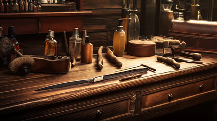 Fototapeta na wymiar Vintage barber shop tools on wood background. Generative Ai