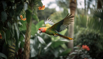 Tropical scene with the parrot is flying in the air. Tropical wildlife