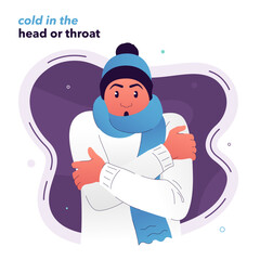 Vector illustration of a character wrapped in a scarf. The man is shivering from the cold. A person has a cold that causes coldness in the head and throat. Symptoms of viral infections, colds, flu.