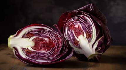 Fototapeta premium Halved purple cabbage on a wooden table Generative AI