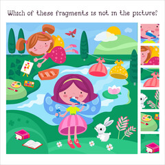 Find fragments. Educational puzzle game for children. Cute little fairy brushes teeth. Cartoon characters with flowers. Magic fairyland. Vector illustration.