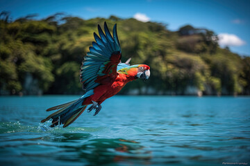 Close-up of majestic parrot in flight above water. Tropical concepts