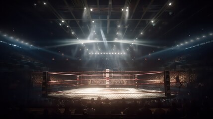 In the fighting cage. Interior view of sport arena with fans and shining spotlights. Digital sport 3D illustration. Generative AI - obrazy, fototapety, plakaty
