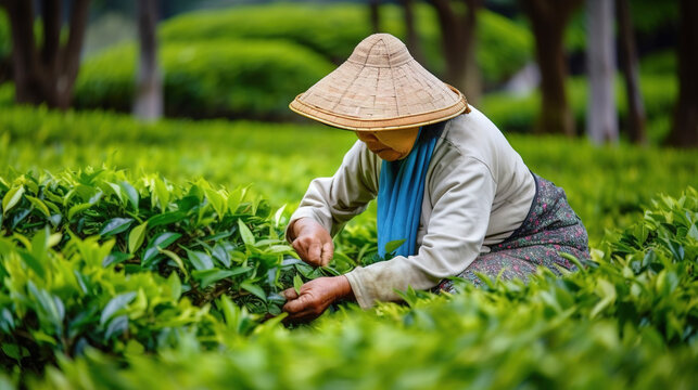Asian woman collect green tea leaves. AI