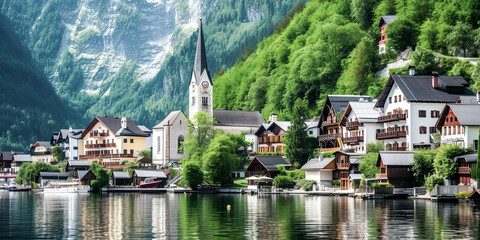 Fototapeta premium A mesmerizing view of the picturesque town of Hallstatt in Austria is revealed, with its steeply sloped roofs, cobbled alleys and lush green fields. - generative ai