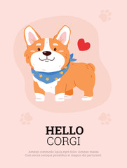 Cute corgi dog greeting card template, cartoon flat vector illustration.