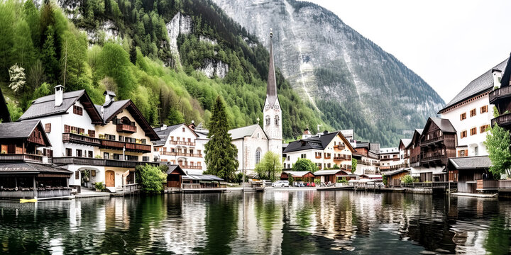 A Splendid view of Hallstatt City in Austria, the traditional buildings and lake setting creating a picturesque scene. - generative ai