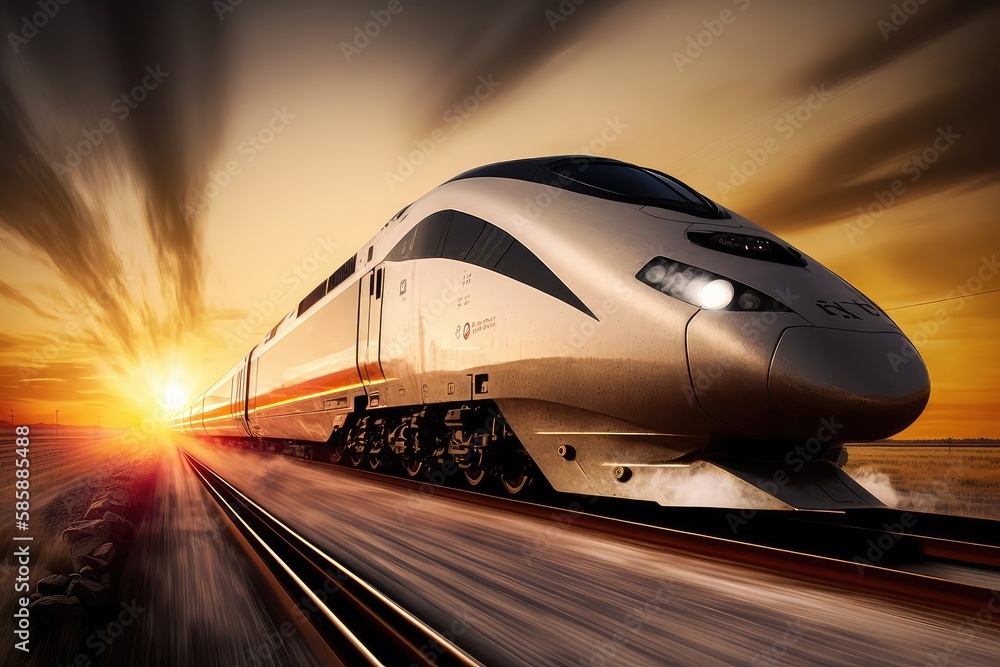 Poster modern, high-speed train racing past the setting sun, created with generative ai