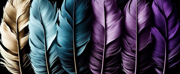 AI-Generated Extreme Close-up of Six Feather Still Life with Subtle Color Transition on Black Background