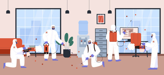 Disinfection service workers cleaning office room, flat vector illustration.
