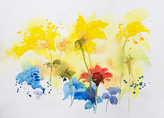 Abstract flower watercolor painting for various usage like invitation card,post card,poster,cover,decoration. Watercolor hand painted illustration. Floral painting by brush on paper. White background.