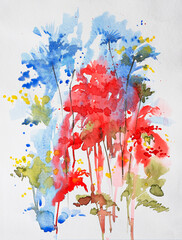 Abstract flower watercolor painting for various usage like invitation card,post card,poster,cover,decoration. Watercolor hand painted illustration. Floral painting by brush on paper. White background.
