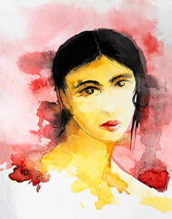 Colorful portrait of beautiful young woman with black hair and red white background, hand painted watercolor painting illustration. Beautiful fashion illustration face of a young woman with copyspace.