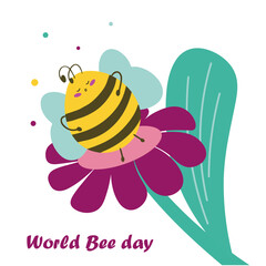 A cute plump bee sleeps on a flower. World Bee Day. Cartoon character. For postcard, invitation or design. Flat vector illustration