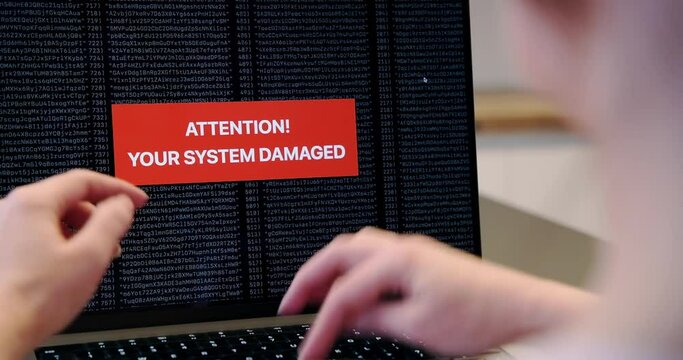 Woman having problems with laptop while using online email app, app crash warning, broken computer crash, operation error, screen focus, back view closeup