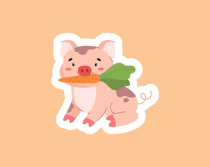 Funny pig with carrot flat style, vector illustration