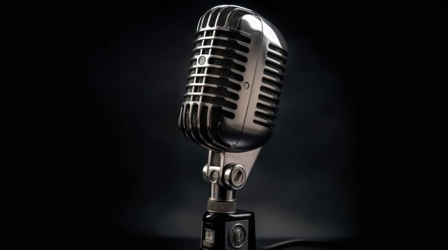 Radio station retro metallic microphone for live podcast or show broadcast live events and recoding studio concepts with copy space. Generative AI