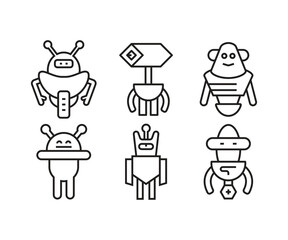 cartoon robot icons set line illustration