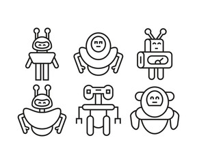 cartoon robot icons set line illustration