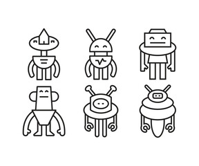 cartoon robot icons set line illustration