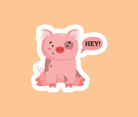Sitting smiling pig saying hey sticker flat style, vector illustration