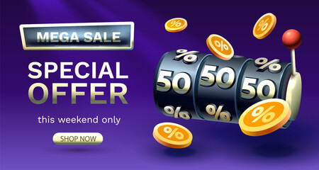 Casino slots mega sale 50 off banner, promotion flyer, Special offer. Vector illustration