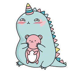 DinoCorn,dinosaur unicorn.Cute cartoon dragon.Dinosaur girl unicorn with pink bear.Unicorn or dinosaur hand drawn vector