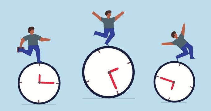 4k animation of Time management. businessmen riding rolling clock face with confidence skillful man in the middle success manage to reach target